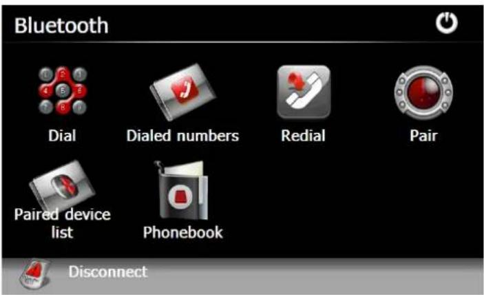 Bluetooth Dial Dialed numbers Redial Pair Paired device list Phonebook Disconnect