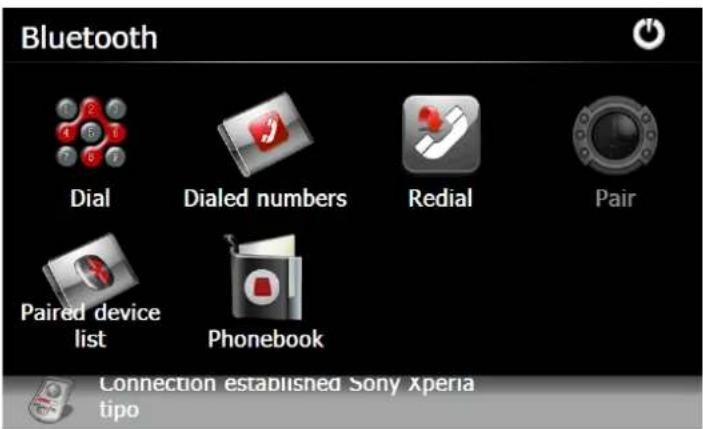 Bluetooth Dial Dialed numbers Redial Pair Paired device list Phonebook Connection established Sony xperia tipo