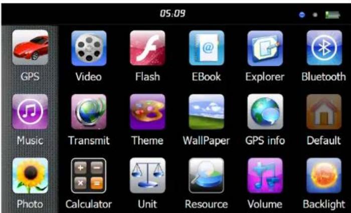 05.09 GPS Video Flash EBook Explorer Bluetooth Music Transmit Theme WallPaper GPS info Default Photo Calculator Unit Resource Volume Backlight