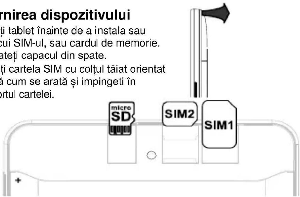 rnirea dispozitivului ți tablet înainte de a instala sau cui SIM-ul, sau cardul de memorie. ateți capacul din spate. ți cartela SIM cu colțul tăiat orientat ă cum se arată și impingeti în ortul cartelei.