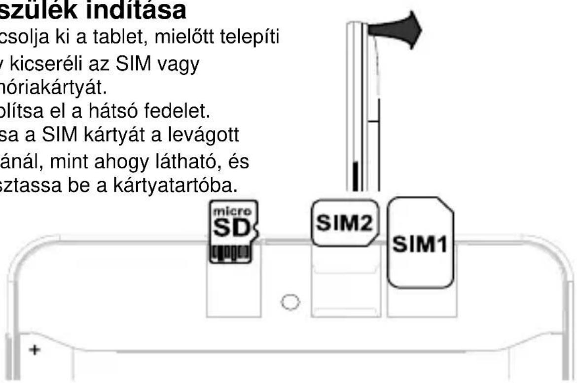 szülek inditása csolja ki a tablet, mielőtt telepíti y kicseréli az SIM vagy móriakártyát. olítsa el a hátsó fedelet. sa a SIM kártyát a levágott ánál, mint ahogy látható, és sztassa be a kártyatartóba.