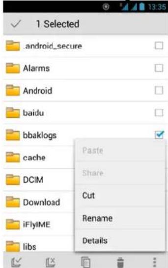 1 Selected .android_secure Alarms Android baidu bbaklogs cache DCIM Download iFlyIME libs Paste Share Cut Rename Details