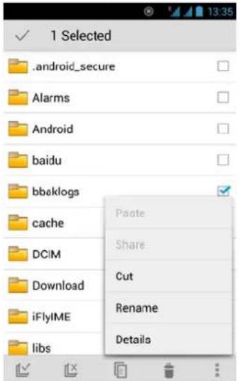 1 Selected .android_secure Alarms Android baidu bbaklogs cache DCIM Download iFlyIME libs Paste Share Cut Rename Details