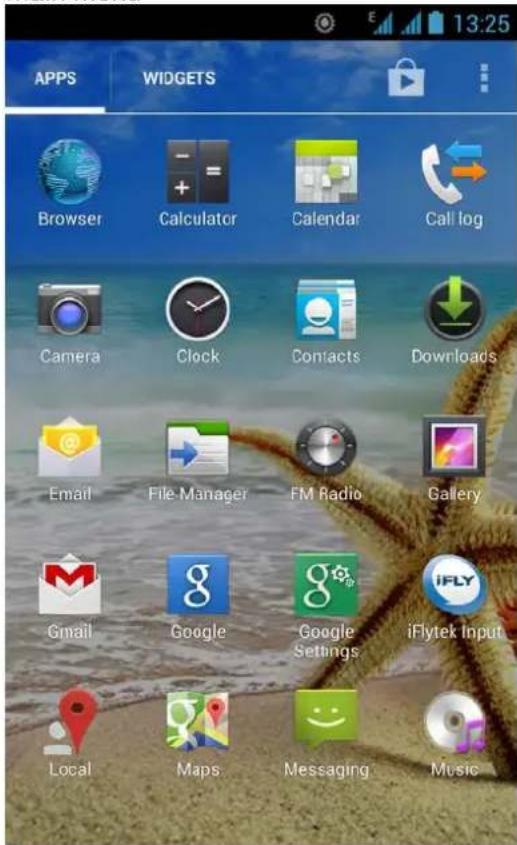 13:25 APPS WIDGETS Browser Calculator Calendar Call log Camera Clock Contacts Downloads Email File Manager FM Radio Gallery Gmail Google Google Settings iFlytek Input Local Maps Messaging Music