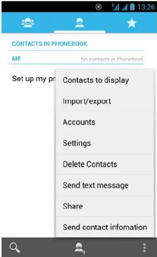 CONTACTS IN PHONEBOOK ME No contacts in Phonebook Set up my pr Contacts to display Import/export Accounts Settings Delete Contacts Send text message Share Send contact infomation