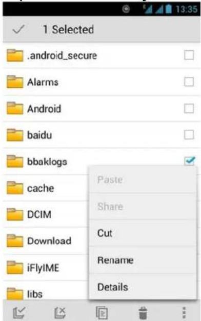 1 Selected .android_secure Alarms Android baidu bbaklogs cache DCIM Download iFlyIME libs Paste Share Cut Rename Details