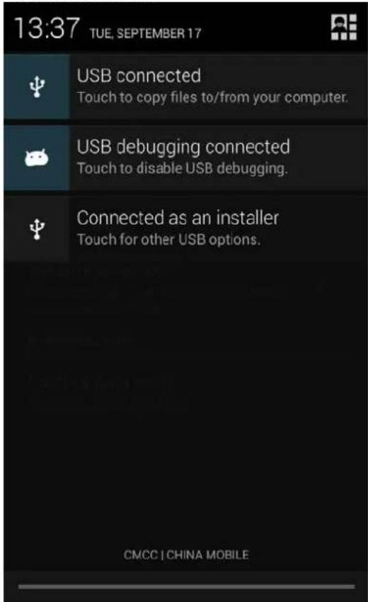 13:37 TUE, SEPTEMBER 17 USB connected Touch to copy files to/from your computer. USB debugging connected Touch to disable USB debugging. Connected as an installer Touch for other USB options. CMCC | CHINA MOBILE