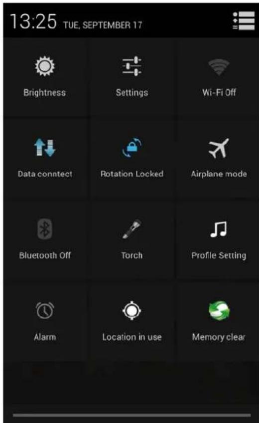13:25 TUE, SEPTEMBER 17 Brightness Settings Wi-Fi Off Data connect Rotation Locked Airplane mode Bluetooth Off Torch Profile Setting Alarm Location in use Memory clear