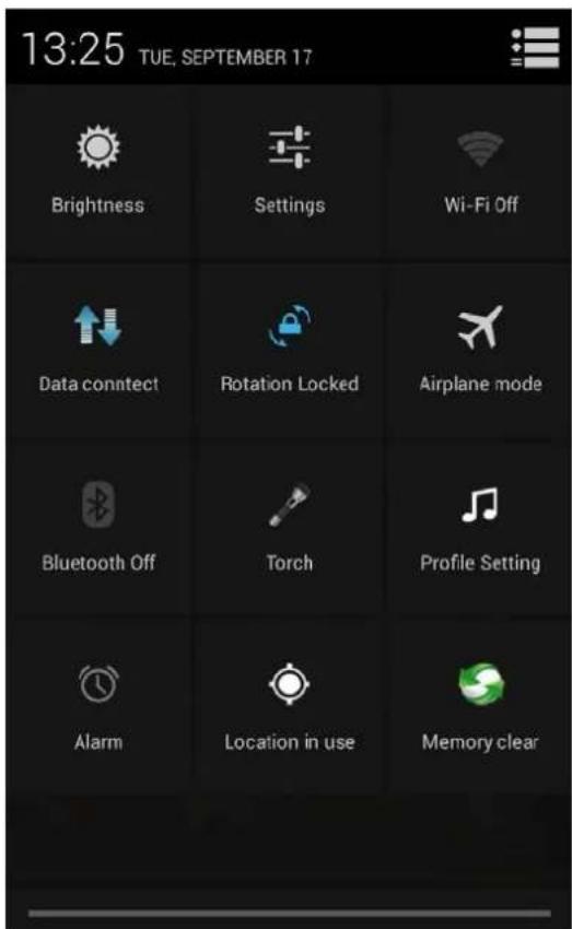 13:25 TUE, SEPTEMBER 17 Brightness Settings Wi-Fi Off Data connect Rotation Locked Airplane mode Bluetooth Off Torch Profile Setting Alarm Location in use Memory clear