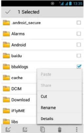 1 Selected .android_secure Alarms Android baidu bbaklogs cache DCIM Download iFlyIME libs Paste Share Cut Rename Details