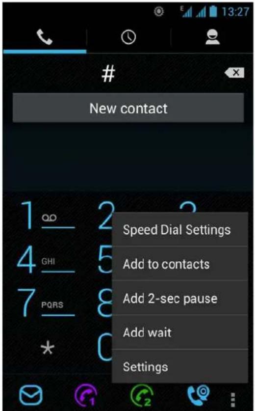 New contact Speed Dial Settings Add to contacts Add 2-sec pause Add wait Settings