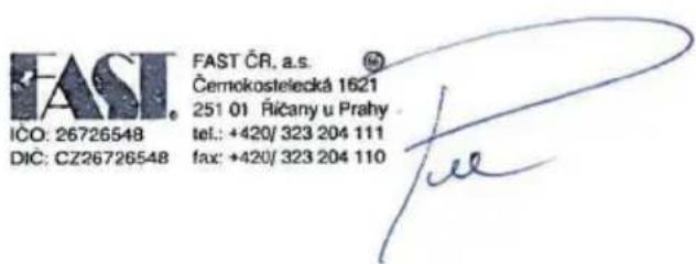 FAST ICÓ: 26726548 DIC: CZ26726548 FAST ČR. a.s. Čermokostelecká 1621 251 01 Řičany u Prahy tel.: +420/ 323 204 111 fax: +420/ 323 204 110