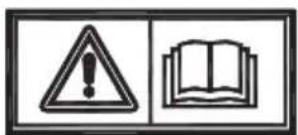 Warning symbol and open book icon with exclamation mark and text