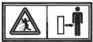 Safety warning sign showing a person using a device to avoid accidents, with a triangular warning symbol and a human figure.