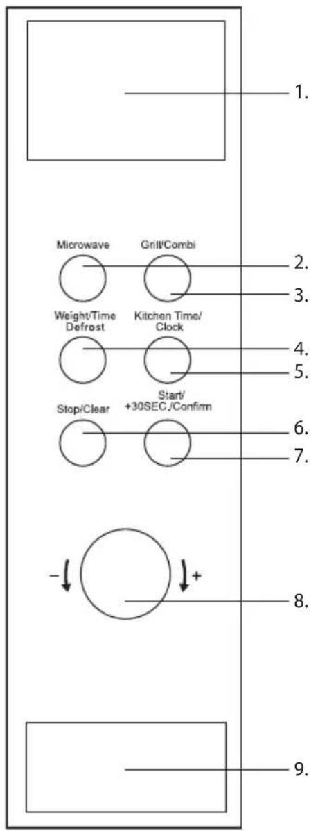 1. Microwave Grill/Combi Weight/Time Defrost Kitchen Time/ Clock Stop/Clear Start/ +30SEC /Confirm 2. 3. 4. 5. 6. 7. 8. 9.
