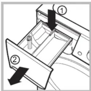 Diagram of a drawer with labeled parts, showing two directional arrows indicating movement or force.