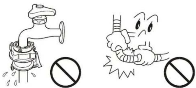 Illustration showing a faucet with a prohibition symbol and a cartoon character holding a tool, both without signs.