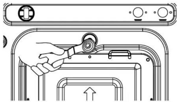 Line drawing of a hand holding a device inside a device casing, with no visible text or symbols