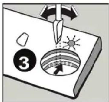 Diagram illustrating a sewing or sewing process with labeled parts and directional arrows, including a numbered circle and sun symbol.