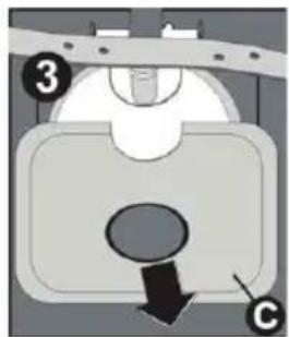 Diagram of a mechanical component with numbered parts and directional arrow indicating motion or force