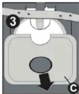 Diagram of a mechanical device with labeled parts and directional arrow, likely illustrating a process or assembly.