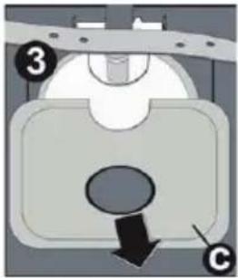 Diagram of a mechanical component with numbered parts and directional arrow indicating motion or force