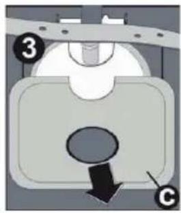 Diagram of a mechanical component with numbered parts and directional arrow indicating motion or force