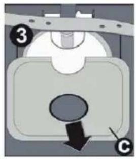 Diagram of a mechanical component with numbered parts and directional arrow indicating motion or force