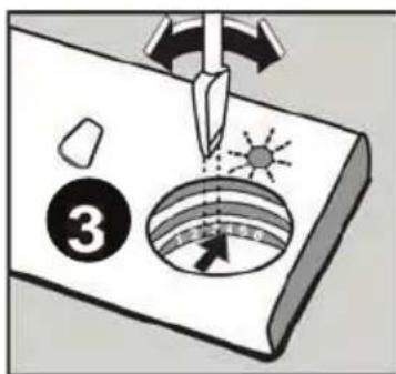 Diagram illustrating a soldering process with labeled components and tool, including a numbered circle and sun icon.