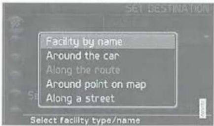 Facility by name Around the car Along the route Around point on map Along a street Select facility type/name