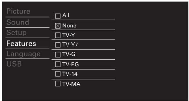Picture Sound Setup Features Language USB □ All □ None □ TV-Y □ TV-Y7 □ TV-G □ TV-PG □ TV-14 □ TV-MA