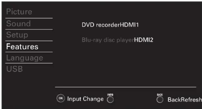 Picture Sound Setup Features Language USB DVD recorderHDMI1 Blu-ray disc playerHDMI2 OK Input Change INFO BACK BackRefresh