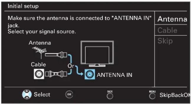 Initial setup Make sure the antenna is connected to "ANTENNA IN" jack. Select your signal source. Antenna Cable Or Antenna IN Select Back MENU SkipBackOk Antenna Cable Skip