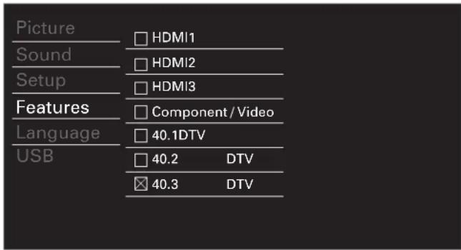 Picture Sound Setup Features Language USB HDMI1 HDMI2 HDMI3 Component / Video 40.1DTV 40.2 DTV 40.3 DTV