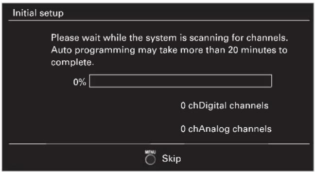 Initial setup Please wait while the system is scanning for channels. Auto programming may take more than 20 minutes to complete. 0% 0 chDigital channels 0 chAnalog channels MENU Skip