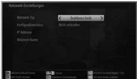 Netzwerk-Einstellungen Netzwerk-Typ Konfigurationsstatus IP Adresse Netzwerk-Name Drahlloses Gerät Nicht verbunden Advisekt/Deaktivieren Zurück Internet Geschwindigkeit Tast Wit: Profil Wochen Fremderer Einstellungen Wit: Netzwerk saussem