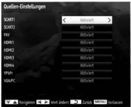 Quellen-Einstellungen SCART1 < Aktiviert > SCART2 Aktiviert FAV Aktiviert HDMI1 Aktiviert HDMI2 Aktiviert HDMI3 Aktiviert HDMI4 Aktiviert YPbPr Aktiviert VGA/PC Aktiviert Navigieren Wert ändern Zurück MENU Verlassen