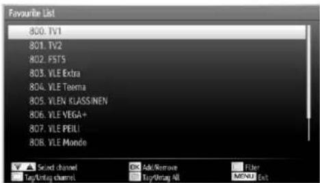 Favourite List 800. TV1 801. TV2 802. FSTS 803. VLE Extra 804. VLE Teema 805. VLEN KCLASSINEN 806. VLE VEGA+ 807. VLE PEILL 808. VLE Mondo Select channel Tag/Outag channel Ask/Remove Buy/Outag All Filter MENU Exit