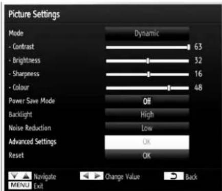Picture Settings Mode Dynamic - Contrast 63 - Brightness 32 - Sharpness 16 - Colour 48 Power Save Mode Off Backlight High Noise Reduction Low Advanced Settings OK Reset OK MENU Navigate Change Value Back