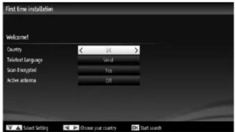 First time installation Welcome! Country UK TeleText Language West Scan Encrypted Yes Active antenna Ctrl Select Setting Choose your country Start search