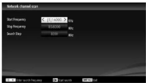Network channel scan Start Frequency < [1] 14000 > kHz Stop Frequency 858000 kHz Search Step 8000 kHz