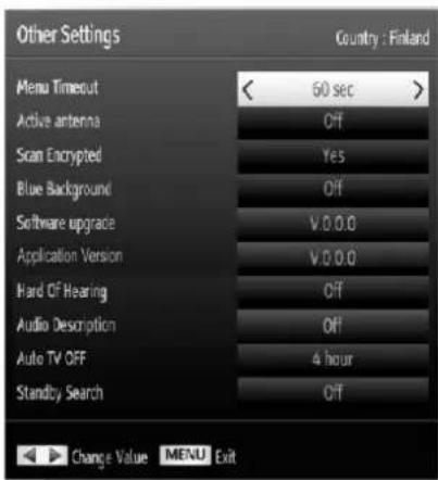 Other Settings Menu Timeout Active antenna Scan Encrypted Blue Background Software upgrade Application Version Hard Off Hearing Audio Description Auto TV OFF Standby Search 60 sec Off Yes Off V.0.0.0 V.0.0.0 Off Off 4 hour Off Change Value MENU Exit Country : Finland