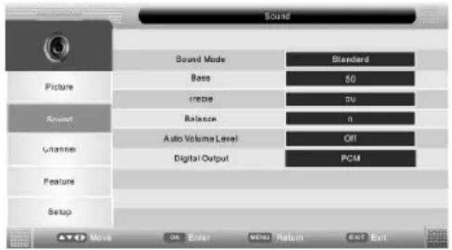 Sound Sound Mode Standard Picture Bass 50 Image 100 Sound Ralance n Channel Auto Volume Level Off Feature Digital Output PCM Setup Move OK Enter Move Return Exit Exit