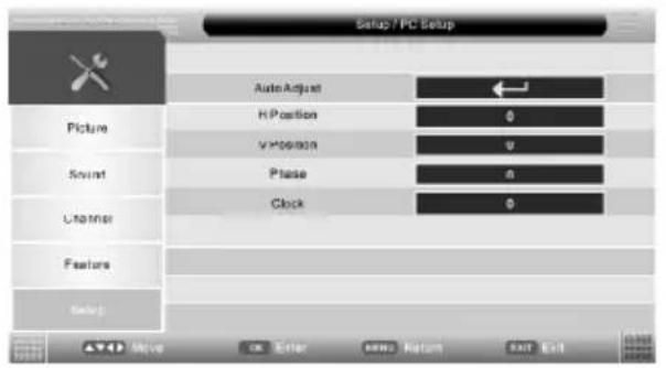 Setup / PC Setup AutoAdjust H Position v Position Phase Clock Picture Sound Uanner Feature Setup OK Enter None Return Exit Exit
