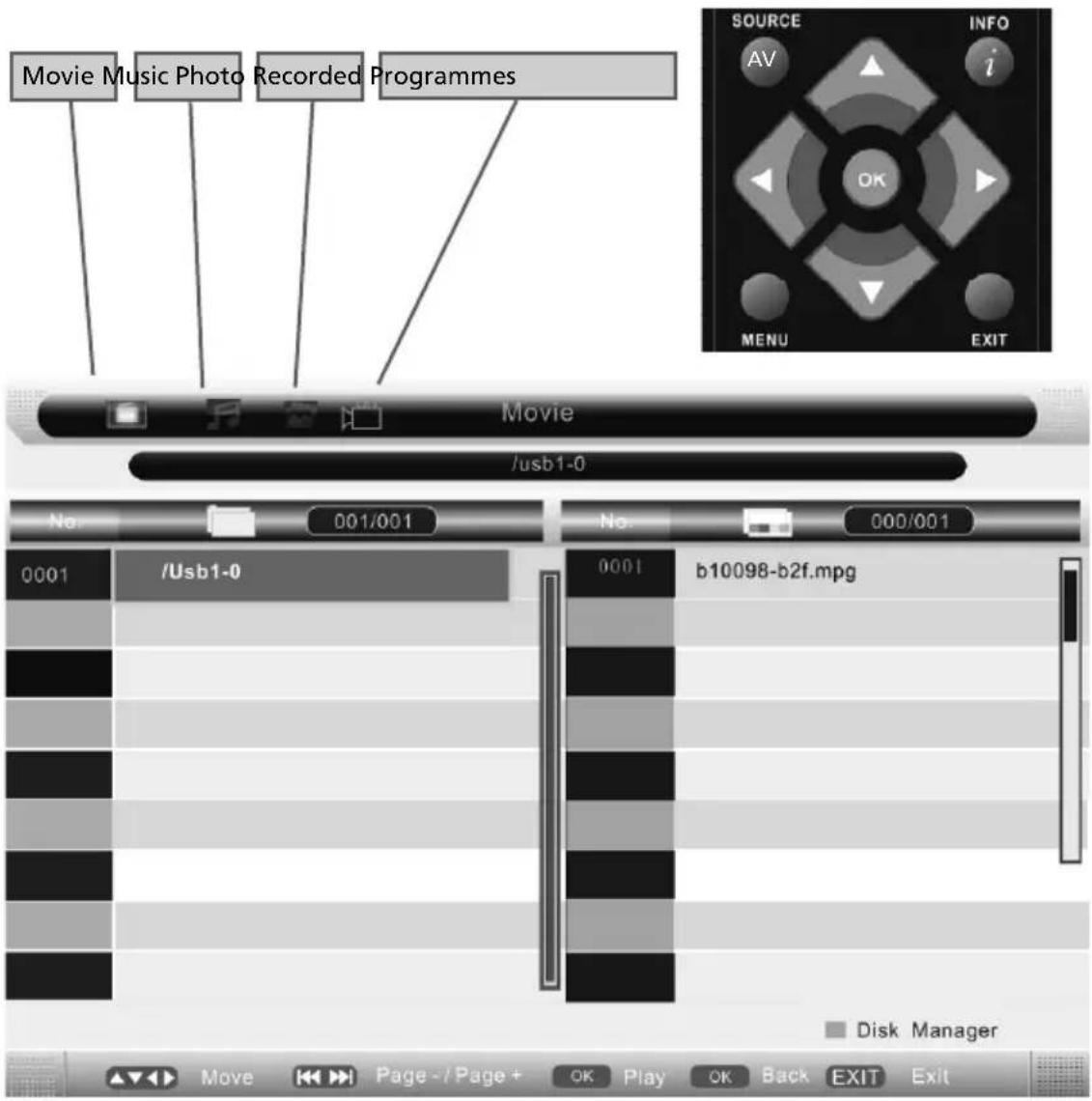 Movie Music Photo Recorded Programmes Movie /usb1-0 No. 001/001 0001 /Usb1-0 No. 000/001 0001 b10098-b2f.mpg Disk Manager Move Page - / Page + OK Play OK Back EXIT Exit