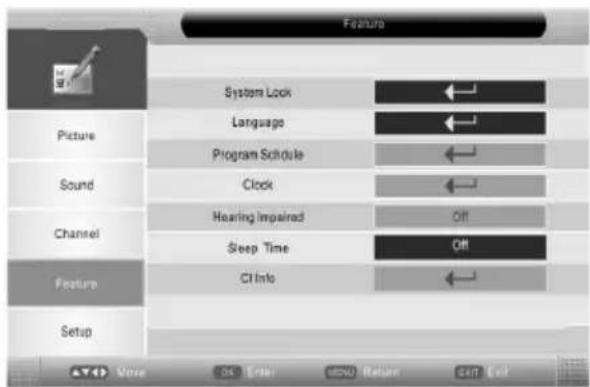 Feature System Lock Language Program Schedule Clock Hearing Impaired Sleep Time CI Info Picture Sound Channel Feature Setup View OK Enter MENU Return Exit