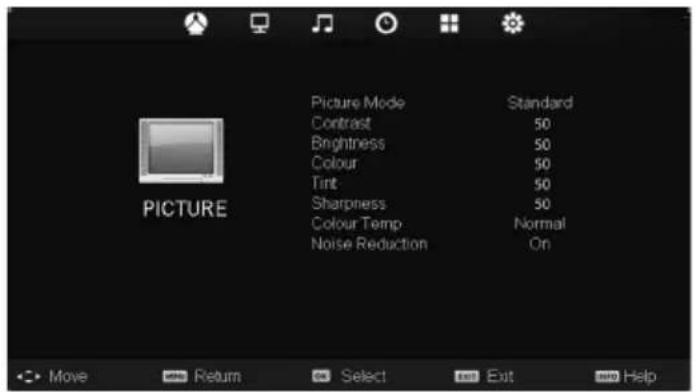 Picture Mode Contrast Brightness Colour Tint Sharpness Colour Temp Noise Reduction Standard 50 50 50 Normal On Picture Move Return Select Exit Help