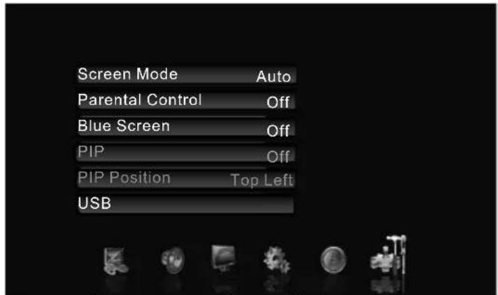 Screen Mode Auto Parental Control Off Blue Screen Off PIP Off PIP Position Top Left USB