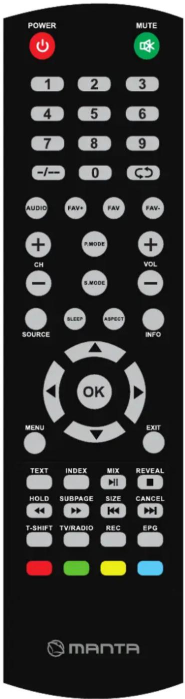 POWER MUTE 1 2 3 4 5 6 7 8 9 -/- 0 AUDIO FAV+ FAV FAV- CH P.MODE + S.MODE VOL - SOURCE SLEEP ASPECT INFO OK MENU EXIT TEXT INDEX MIX REVEAL HOLD SUBPAGE SIZE CANCEL T-SHIFT TV/RADIO REC EPG MANTA