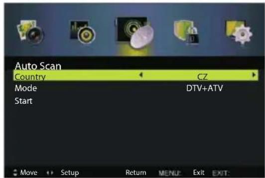 Auto Scan Country CZ Mode DTV+ATV Start
